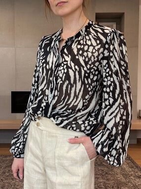 Veronica Beard Ashlynn silk Black and White Abstract Sheer Button-Front Blouse